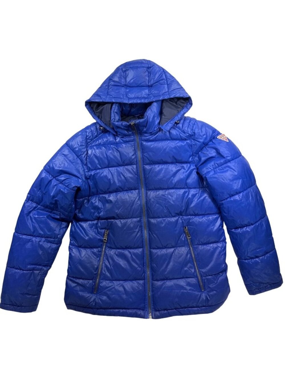 Guess Blue Puffer Jacket Men's M Hooded Full Zip Quilted Y2K Winter Coat